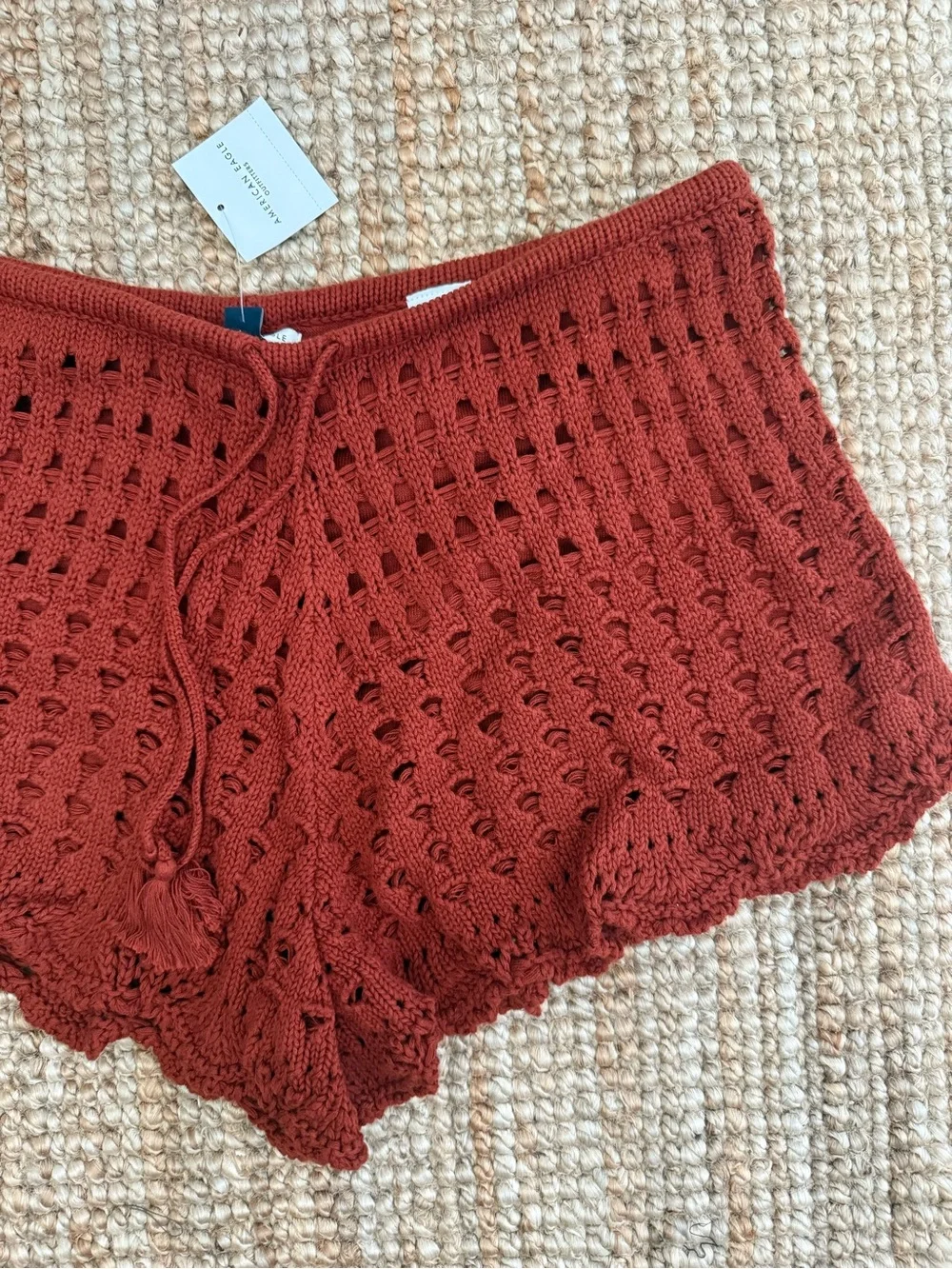American Eagle Outfitters Crochet Drawstring Shorts in Rust